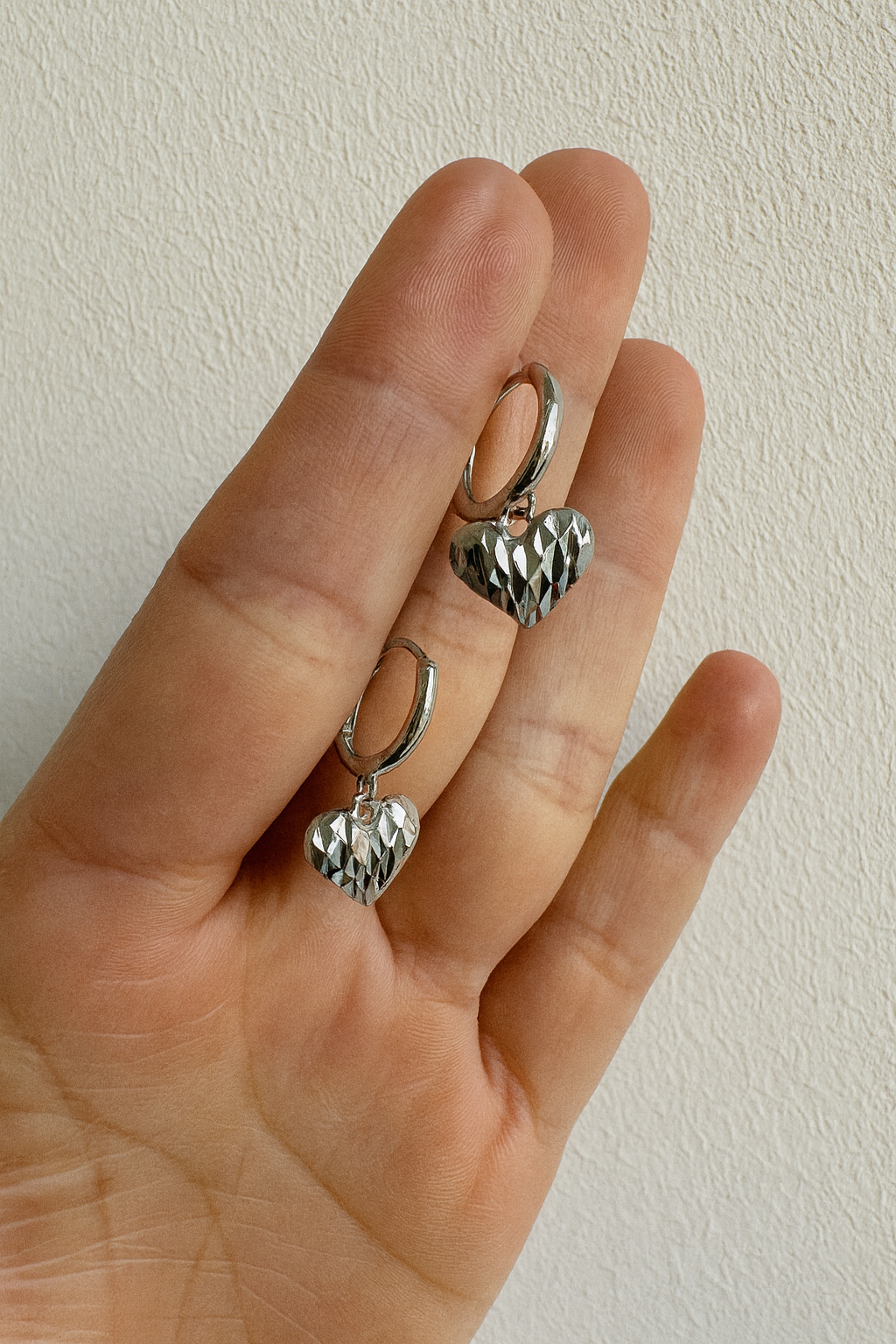 925 Sterling Silver Faceted Heart Drop Hoop Earrings
