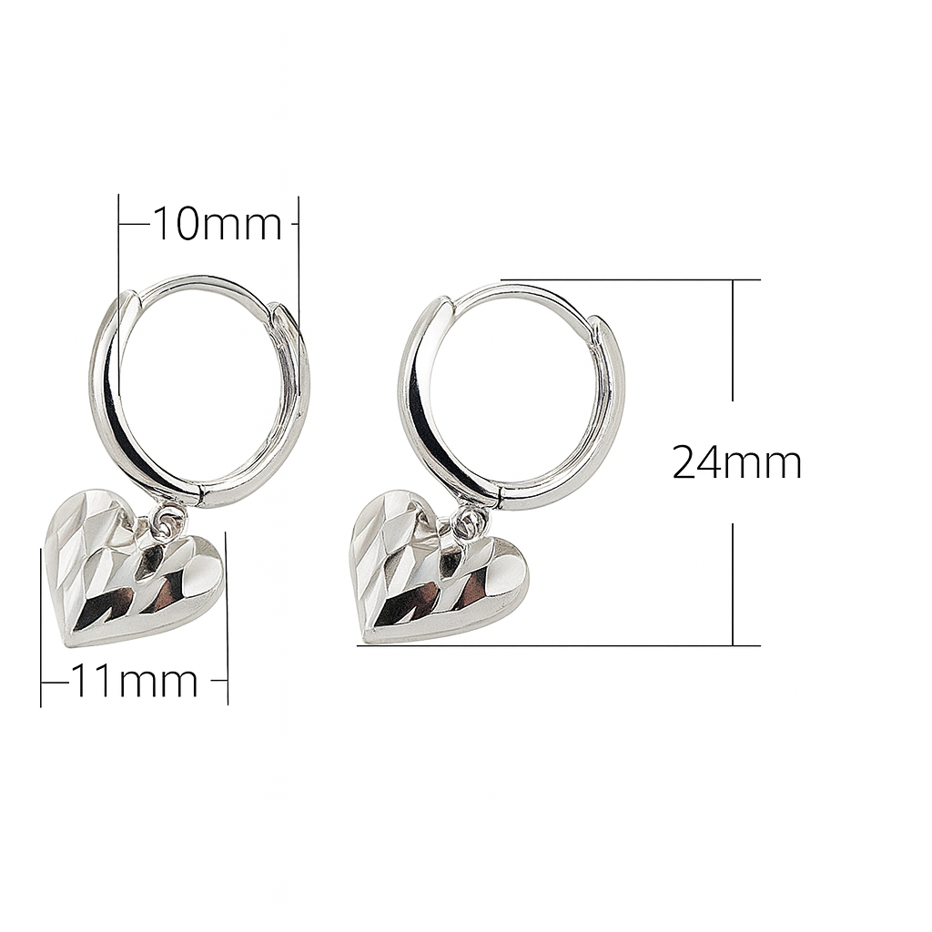 925 Sterling Silver Faceted Heart Drop Hoop Earrings