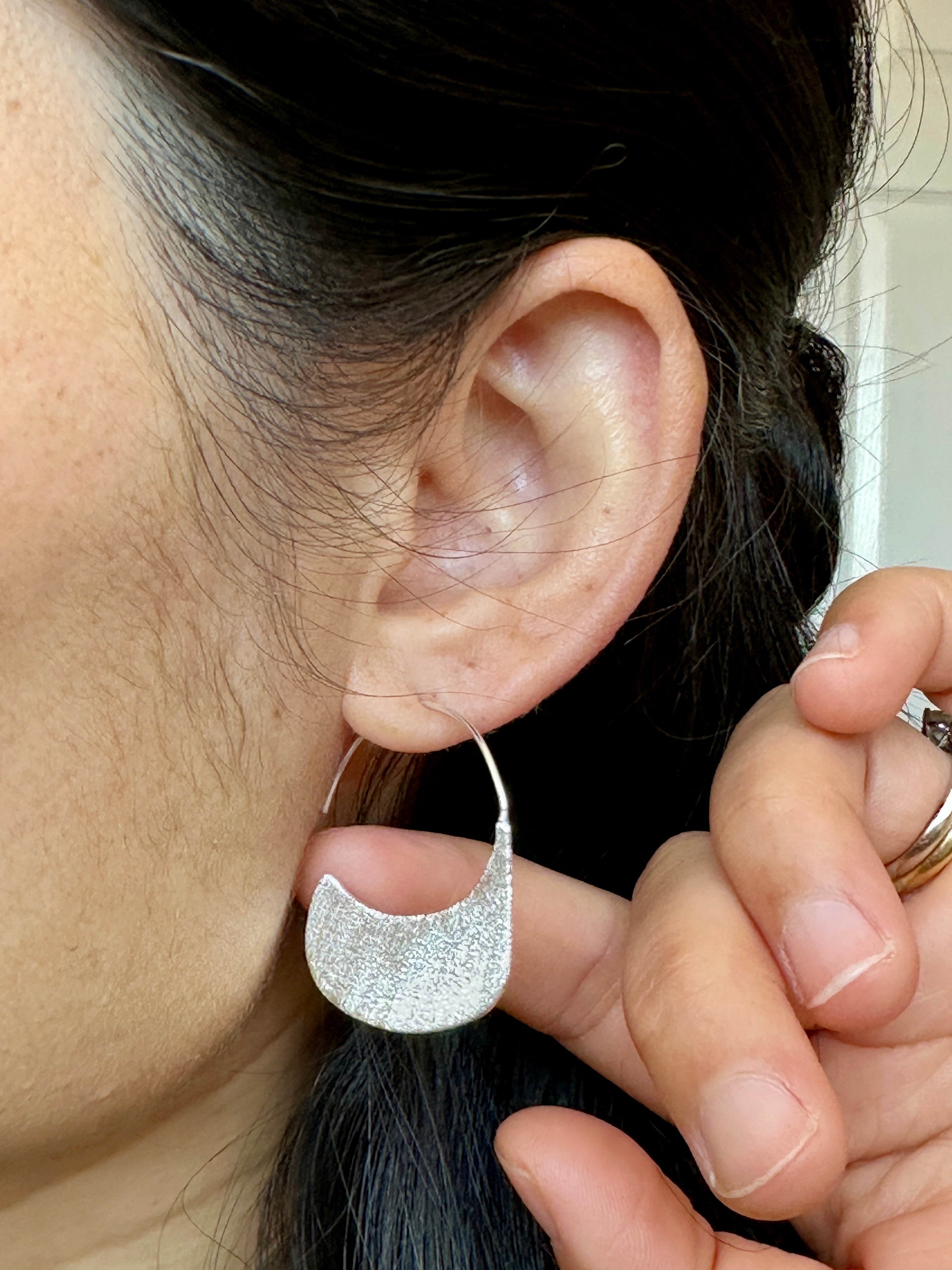 Brushed Sterling Silver Half-Moon Hoop Earrings