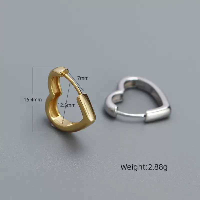 Sterling Silver Love Heart Hoop Earrings, 18k Gold Plated Heart Huggie Hoops