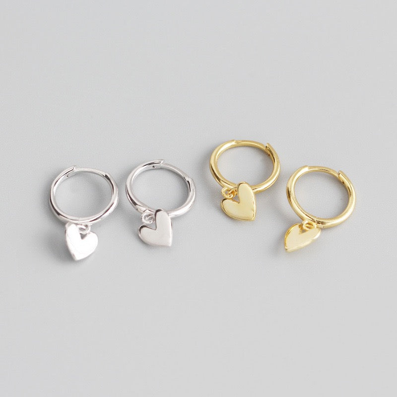 925 Sterling Silver Heart Drop Hoop Earrings | Minimalist Dangle Design