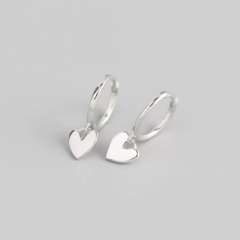 925 Sterling Silver Heart Drop Hoop Earrings | Minimalist Dangle Design