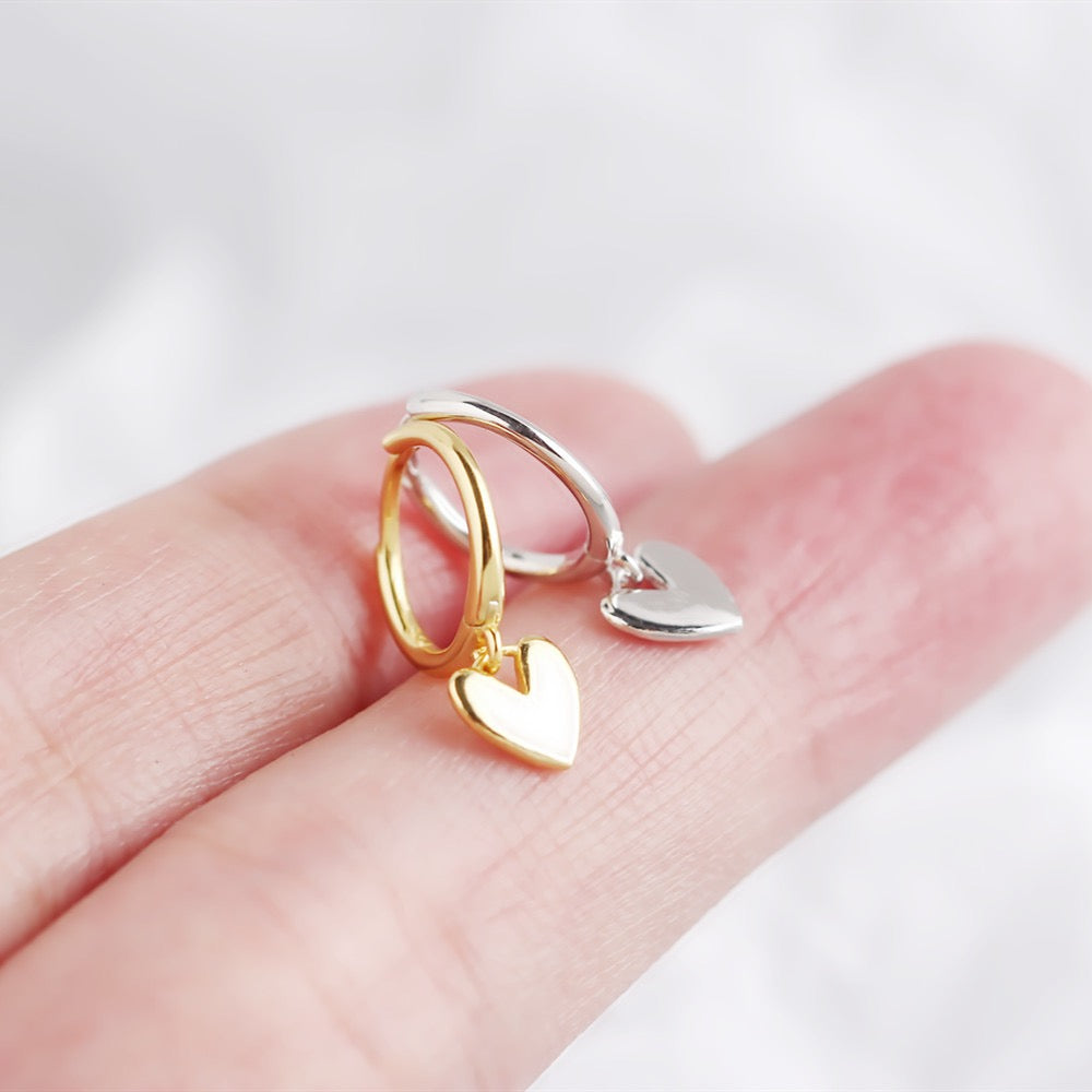 925 Sterling Silver Heart Drop Hoop Earrings | Minimalist Dangle Design