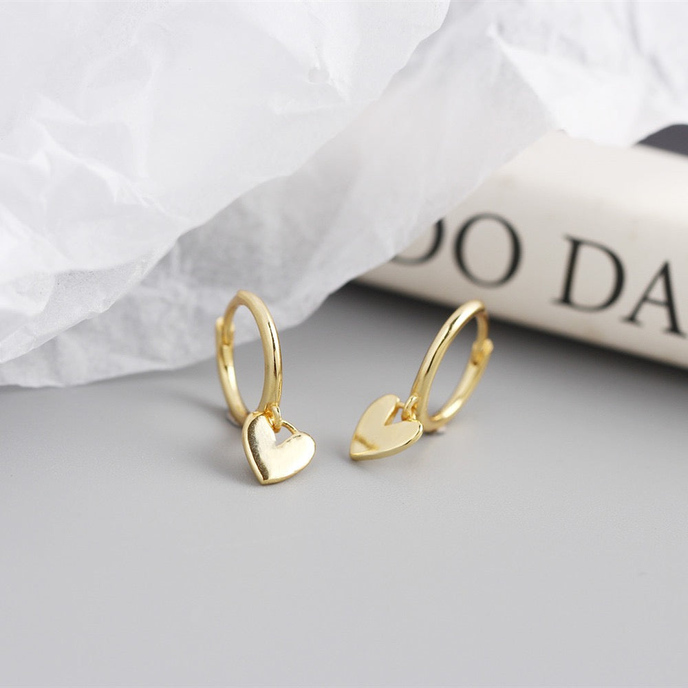 925 Sterling Silver Heart Drop Hoop Earrings | Minimalist Dangle Design