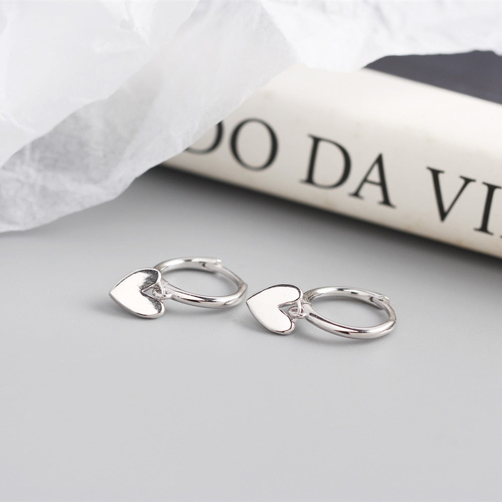 925 Sterling Silver Heart Drop Hoop Earrings | Minimalist Dangle Design