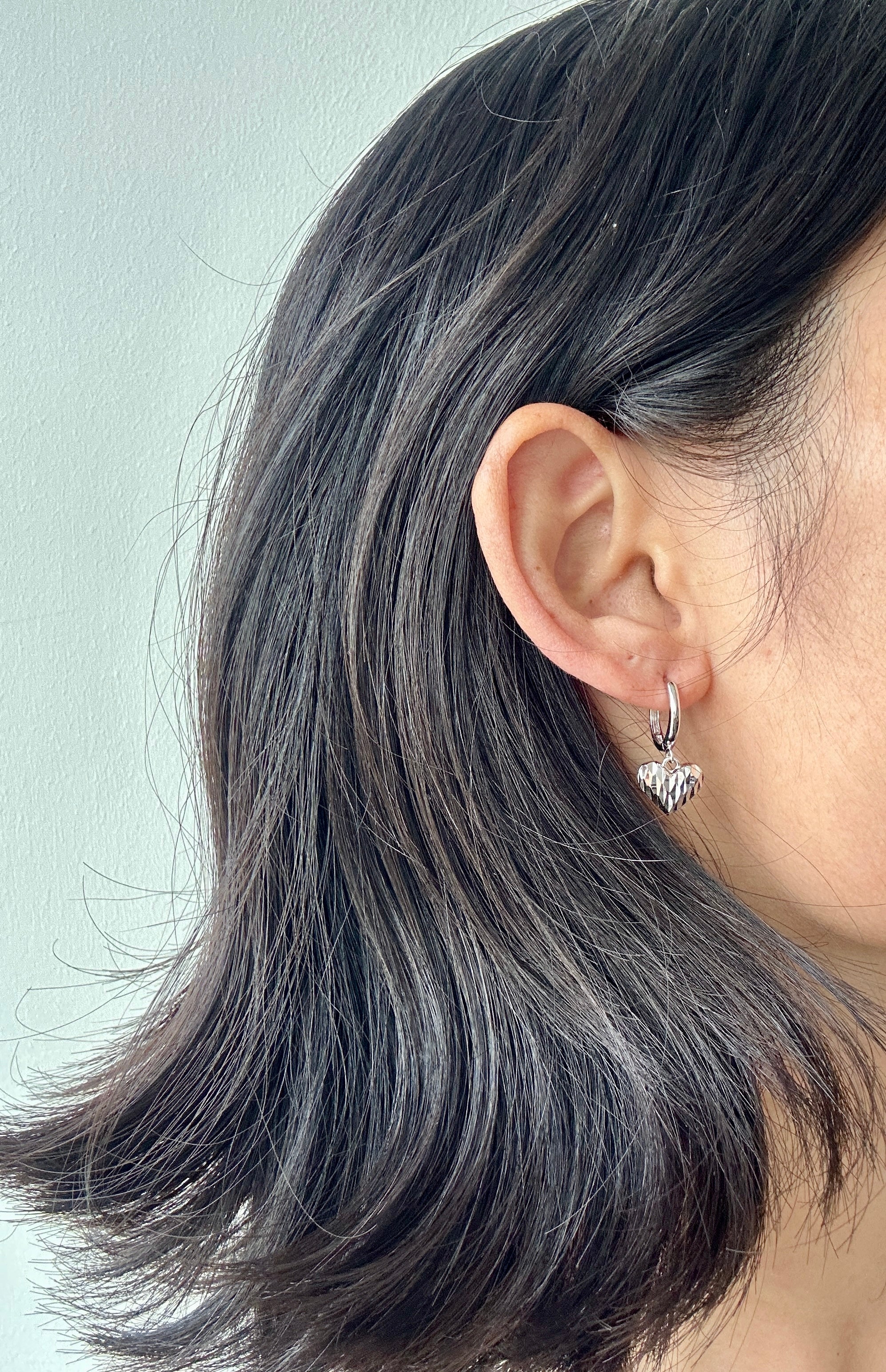 925 Sterling Silver Faceted Heart Drop Hoop Earrings