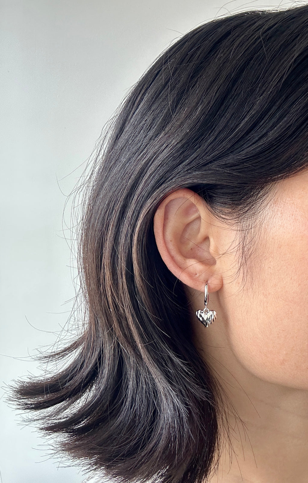 925 Sterling Silver Faceted Heart Drop Hoop Earrings