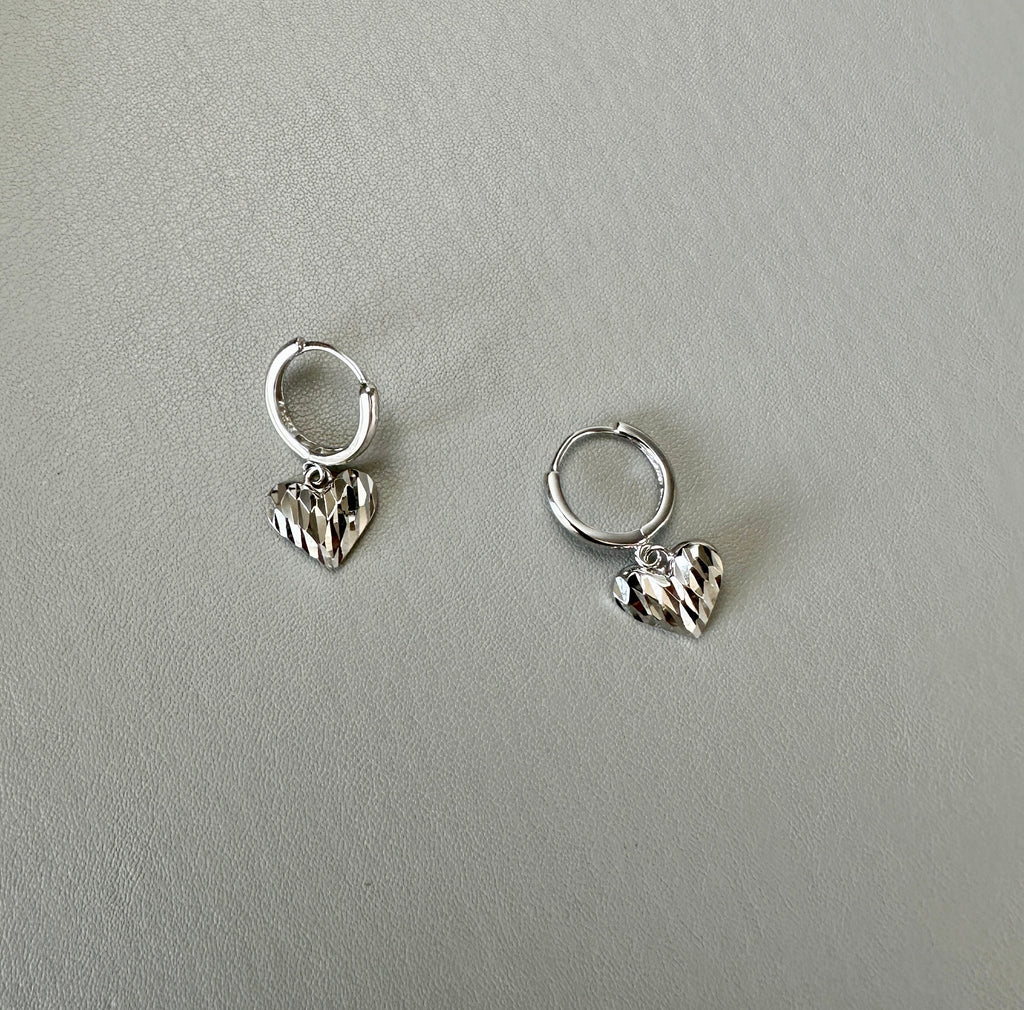 925 Sterling Silver Faceted Heart Drop Hoop Earrings