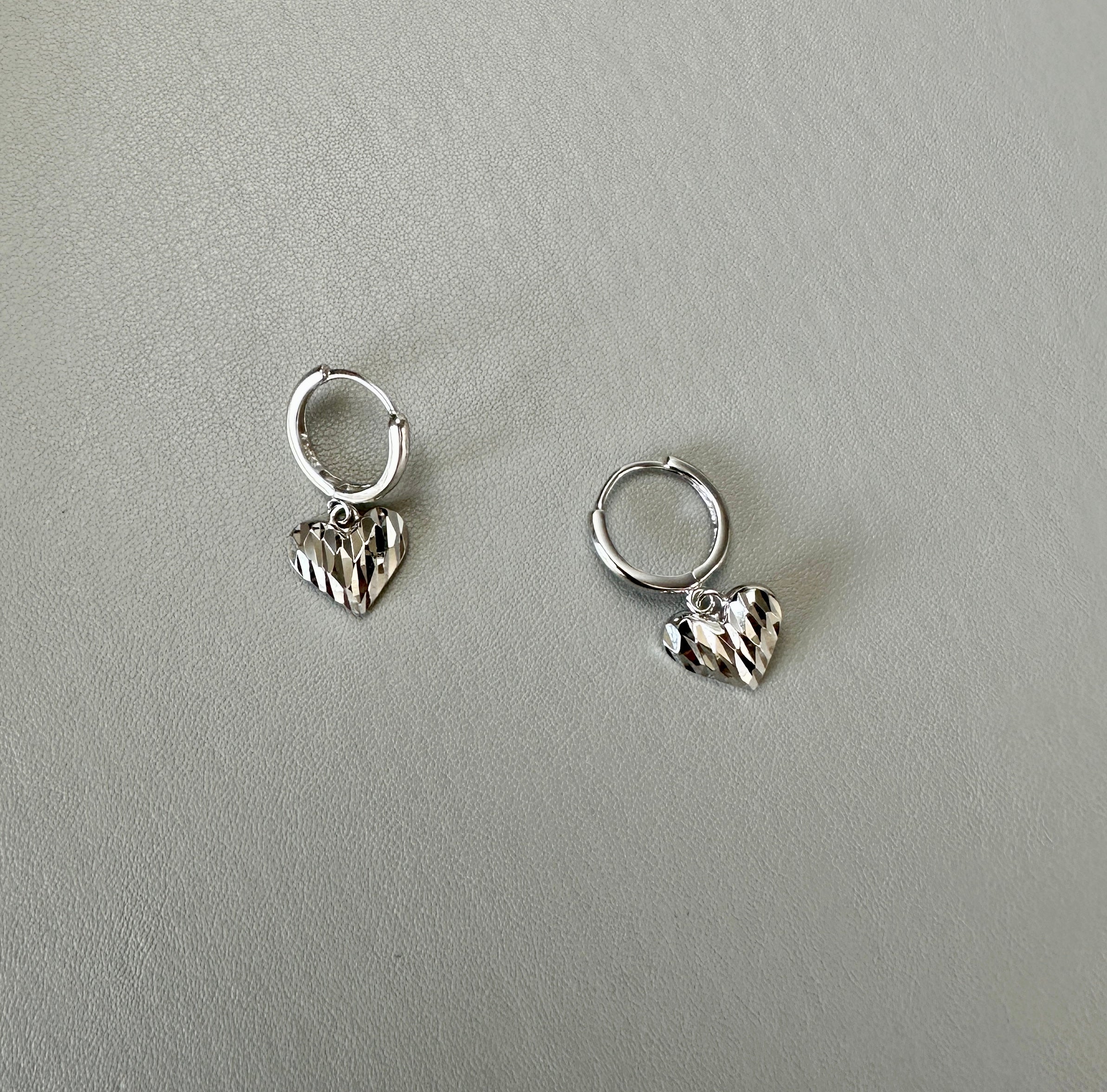 925 Sterling Silver Faceted Heart Drop Hoop Earrings