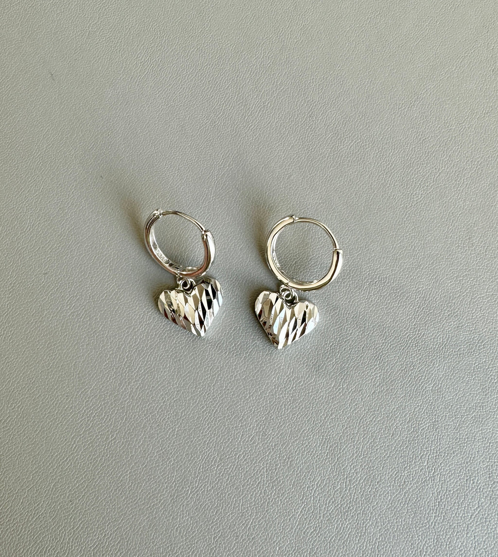 925 Sterling Silver Faceted Heart Drop Hoop Earrings