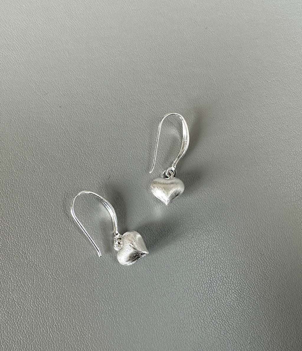 925 Sterling Silver Mini Heart Drop Earrings – Brushed Finish, Lightweight