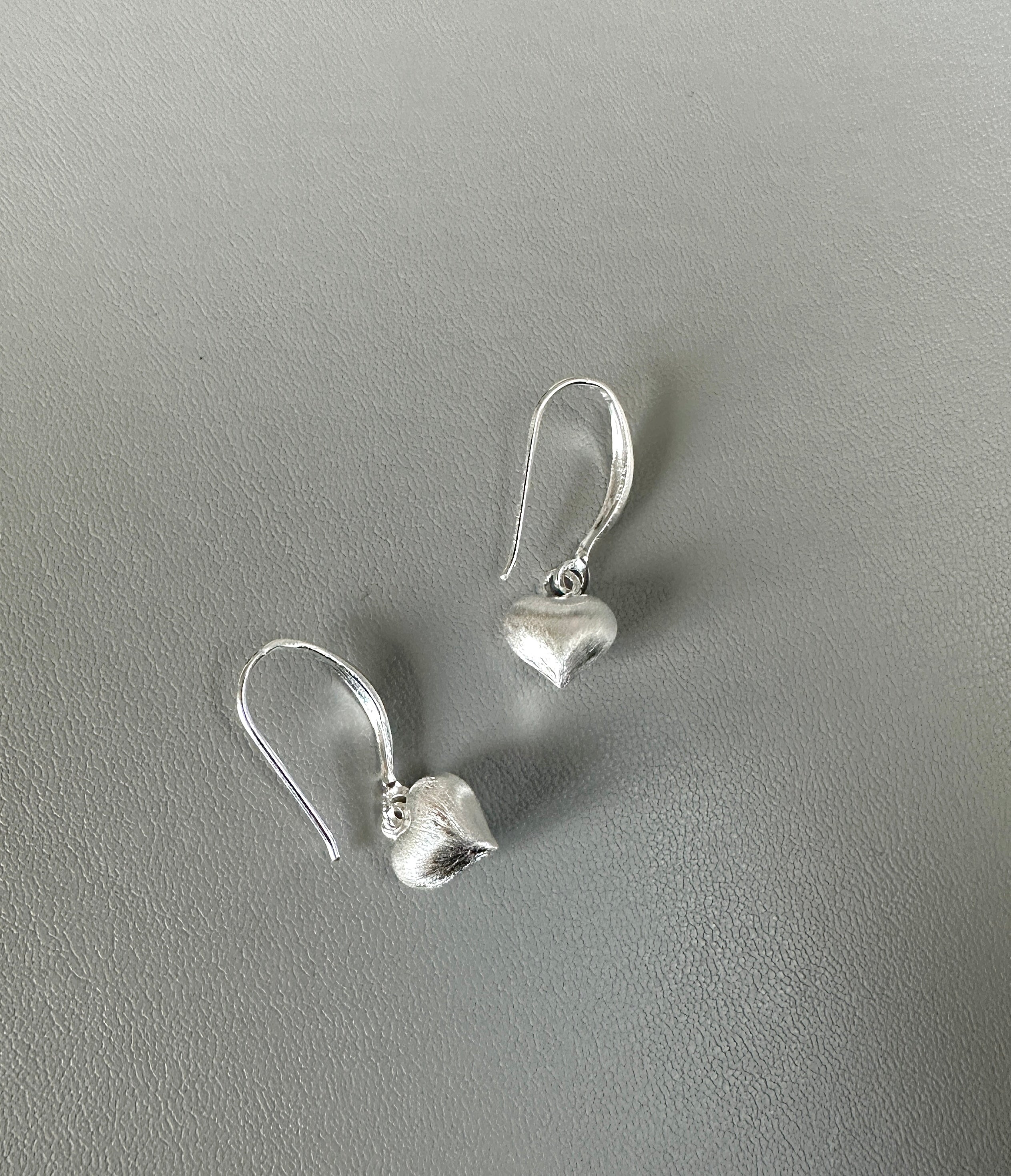 925 Sterling Silver Mini Heart Drop Earrings – Brushed Finish, Lightweight