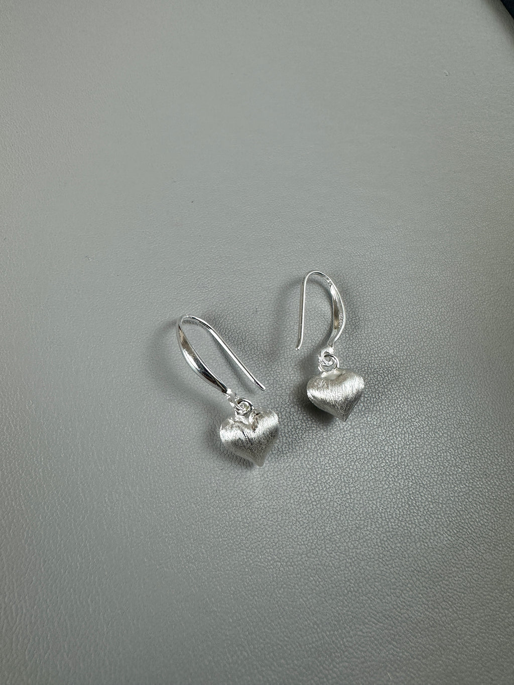925 Sterling Silver Mini Heart Drop Earrings – Brushed Finish, Lightweight
