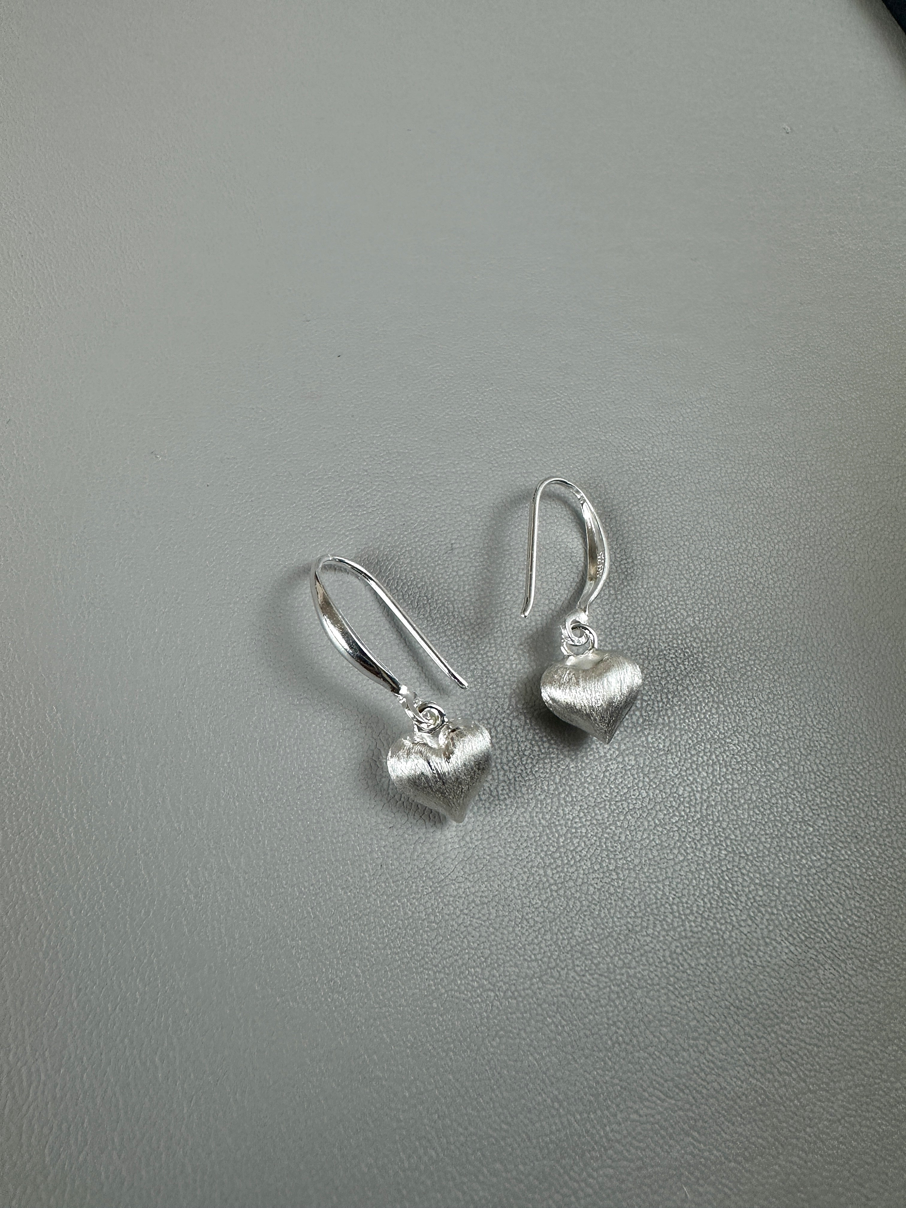 925 Sterling Silver Mini Heart Drop Earrings – Brushed Finish, Lightweight