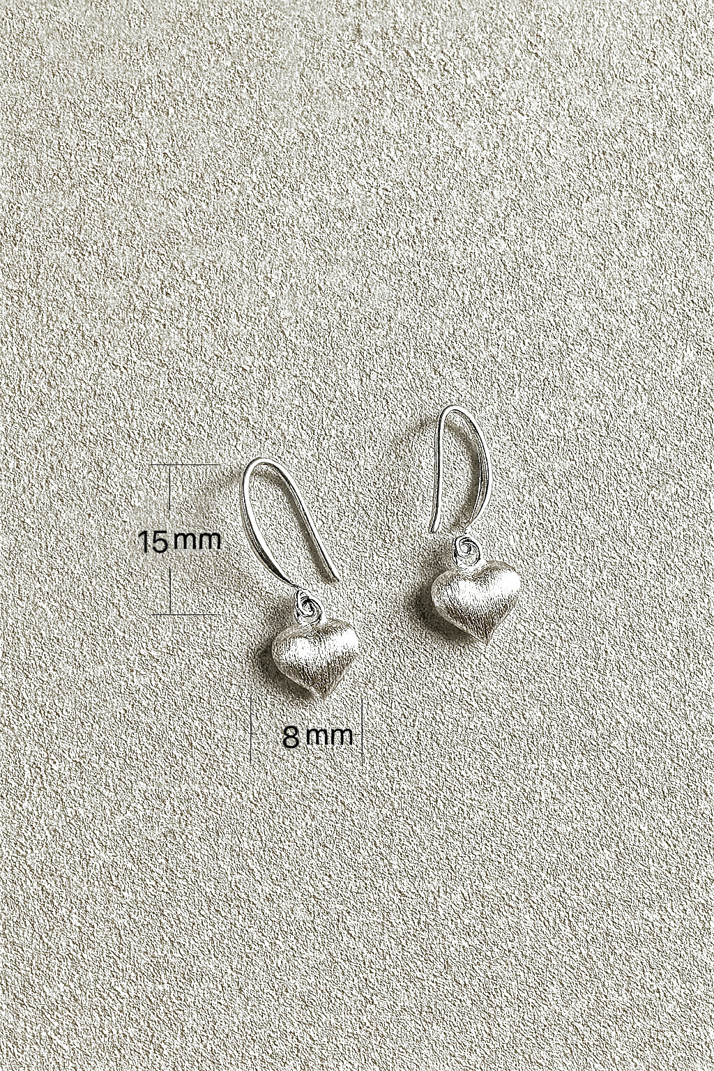 925 Sterling Silver Mini Heart Drop Earrings – Brushed Finish, Lightweight