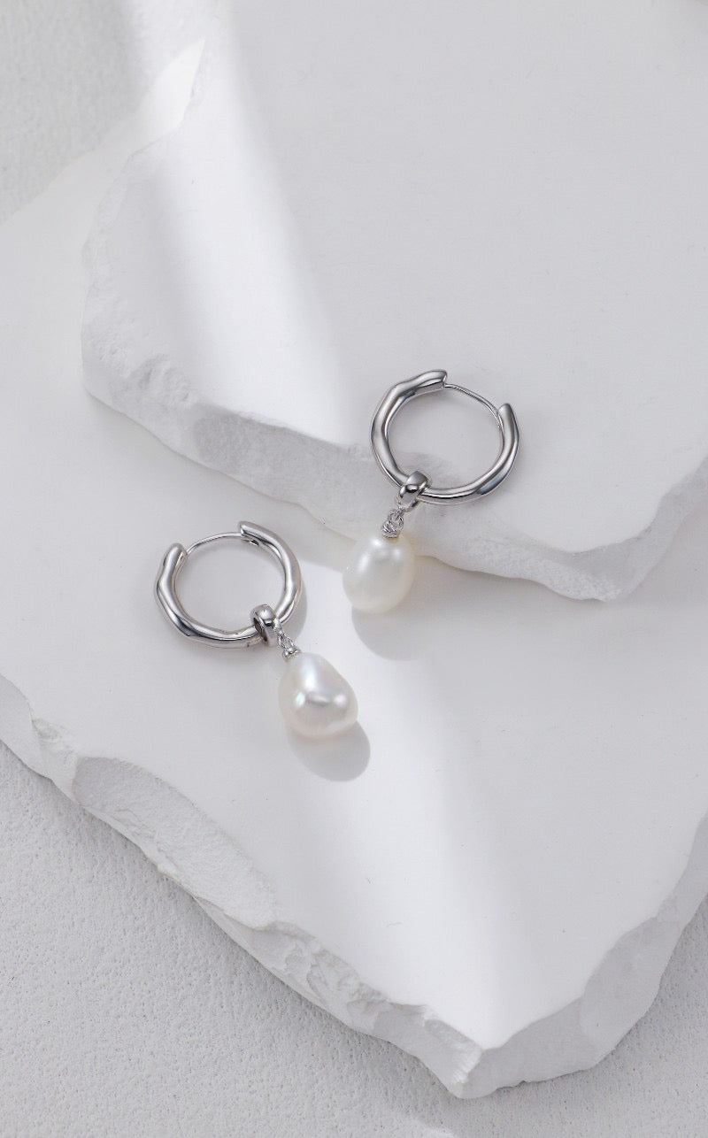 Baroque Pearl Drop Hoop Earrings
