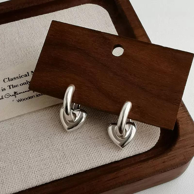Chunky Heart Hoop Earrings | 925 Sterling Silver Heart Drop Hoop Earrings | Minimalist Everyday Jewelry