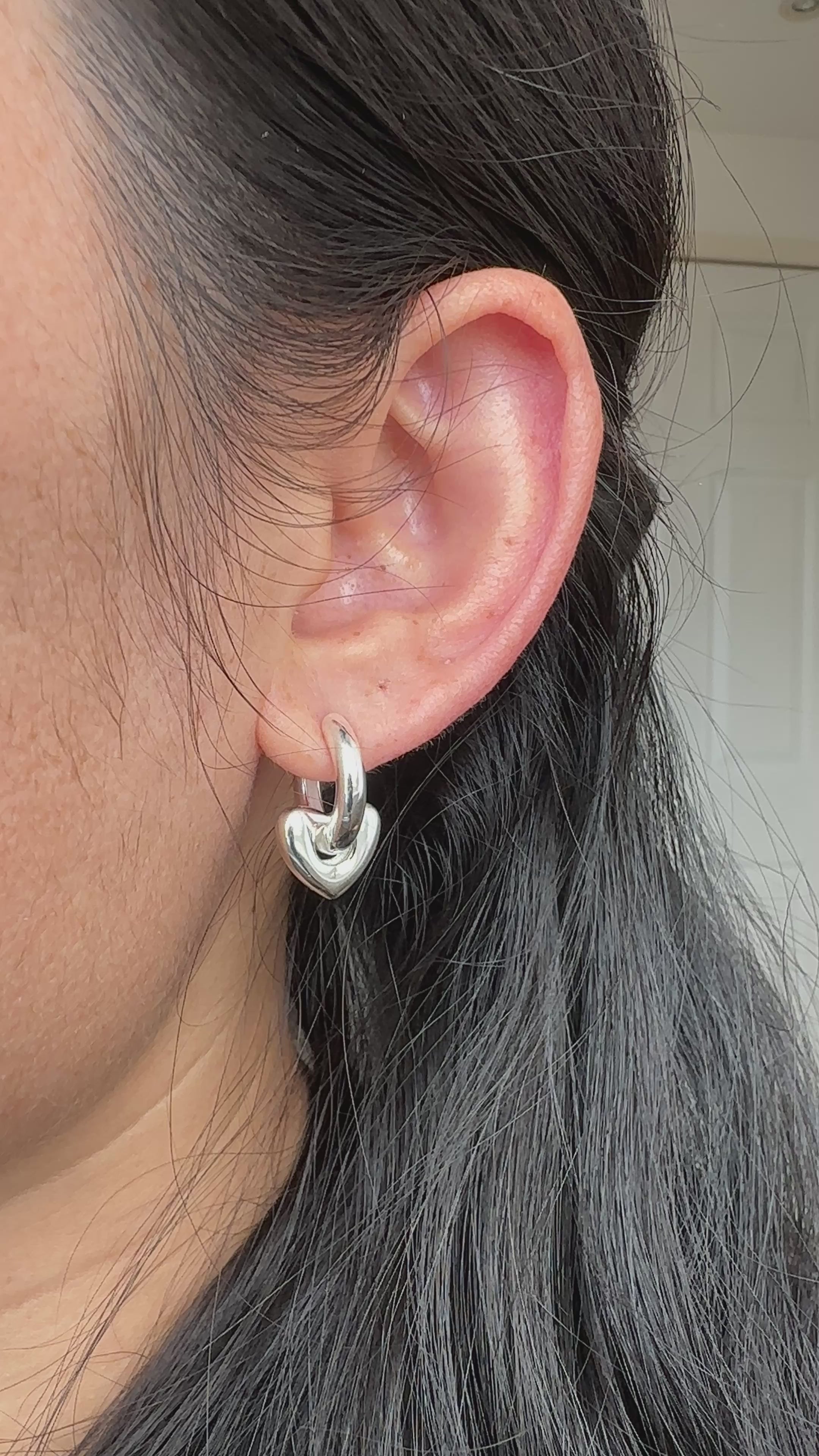 Chunky Heart Hoop Earrings | 925 Sterling Silver Heart Drop Hoop Earrings | Minimalist Everyday Jewelry
